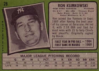 1971 Topps #28 Ron Klimkowski Back