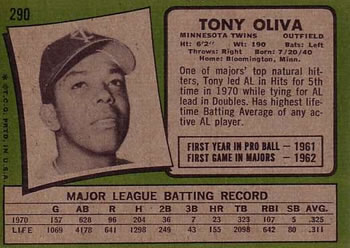 1971 Topps #290 Tony Oliva Back