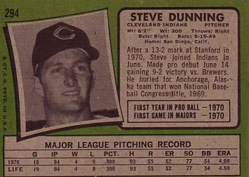 1971 Topps #294 Steve Dunning Back