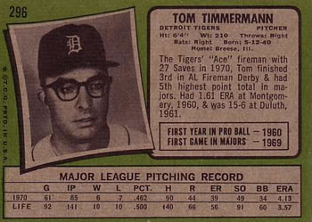 1971 Topps #296 Tom Timmermann Back