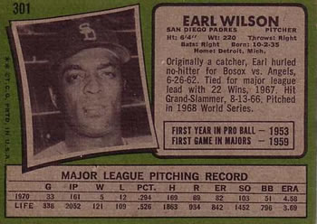 1971 Topps #301 Earl Wilson Back