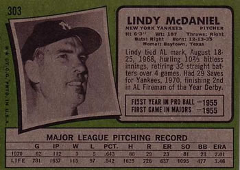 1971 Topps #303 Lindy McDaniel Back