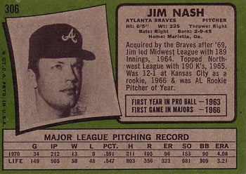 1971 Topps #306 Jim Nash Back