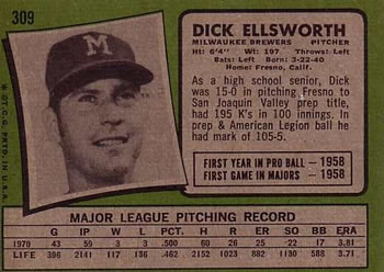 1971 Topps #309 Dick Ellsworth Back