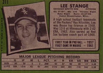 1971 Topps #311 Lee Stange Back
