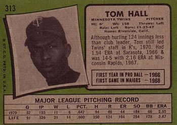 1971 Topps #313 Tom Hall Back