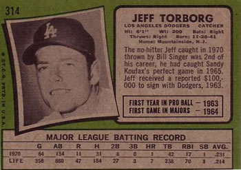 1971 Topps #314 Jeff Torborg Back