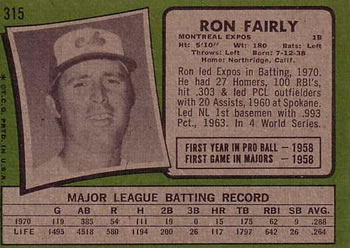 1971 Topps #315 Ron Fairly Back