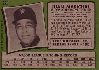 1971 Topps #325 Juan Marichal Back