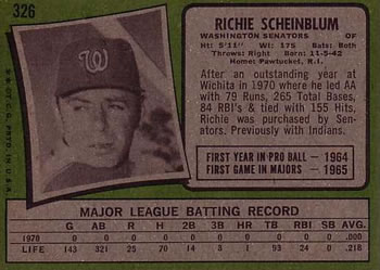 1971 Topps #326 Richie Scheinblum Back
