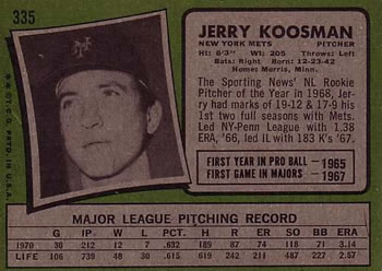 1971 Topps #335 Jerry Koosman Back