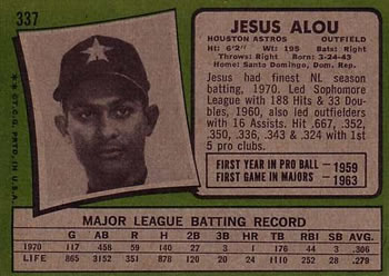 1971 Topps #337 Jesus Alou Back