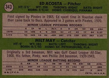 1971 Topps #343 Pirates 1971 Rookie Stars (Ed Acosta / Milt May) Back