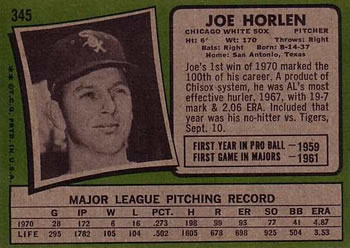 1971 Topps #345 Joe Horlen Back