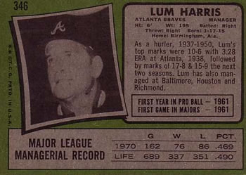 1971 Topps #346 Lum Harris Back