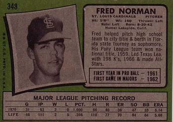 1971 Topps #348 Fred Norman Back