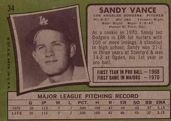 1971 Topps #34 Sandy Vance Back