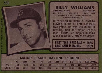 1971 Topps #350 Billy Williams Back