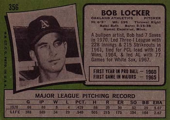 1971 Topps #356 Bob Locker Back