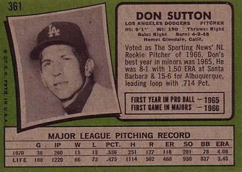 1971 Topps #361 Don Sutton Back