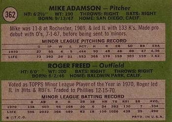 1971 Topps #362 Orioles 1971 Rookie Stars (Mike Adamson / Roger Freed) Back