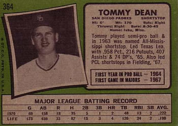 1971 Topps #364 Tommy Dean Back