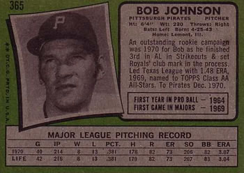 1971 Topps #365 Bob Johnson Back
