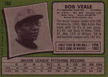 1971 Topps #368 Bob Veale Back