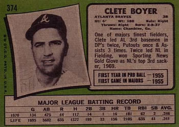 1971 Topps #374 Clete Boyer Back