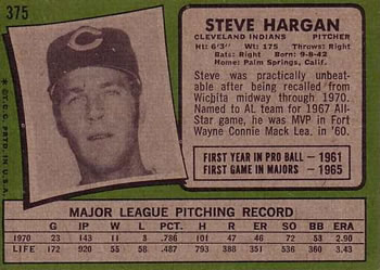 1971 Topps #375 Steve Hargan Back