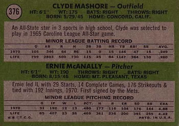 1971 Topps #376 Expos 1971 Rookie Stars (Clyde Mashore / Ernie McAnally) Back
