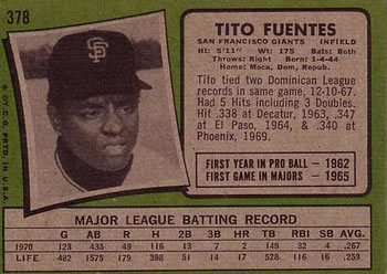 1971 Topps #378 Tito Fuentes Back