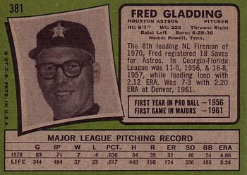 1971 Topps #381 Fred Gladding Back