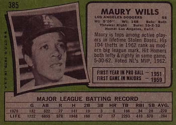 1971 Topps #385 Maury Wills Back
