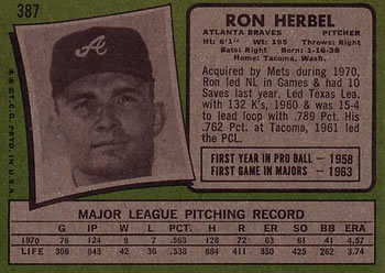 1971 Topps #387 Ron Herbel Back