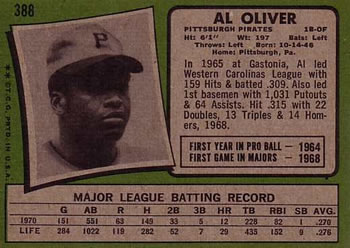 1971 Topps #388 Al Oliver Back