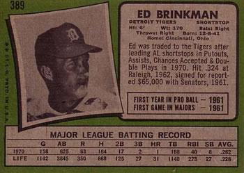 1971 Topps #389 Ed Brinkman Back