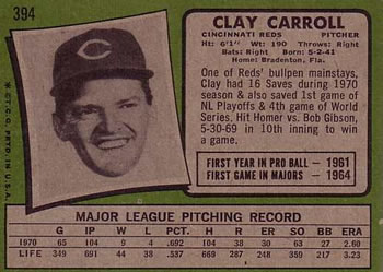 1971 Topps #394 Clay Carroll Back