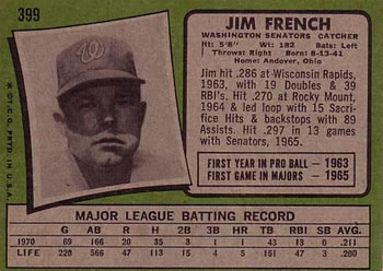 1971 Topps #399 Jim French Back