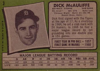 1971 Topps #3 Dick McAuliffe Back