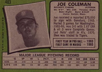 1971 Topps #403 Joe Coleman Back