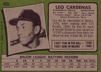 1971 Topps #405 Leo Cardenas Back