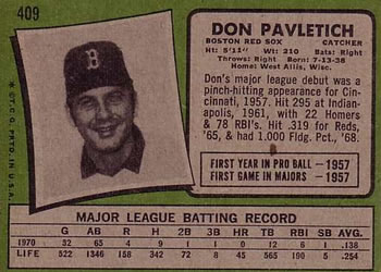 1971 Topps #409 Don Pavletich Back