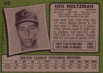 1971 Topps #410 Ken Holtzman Back