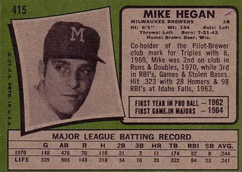 1971 Topps #415 Mike Hegan Back