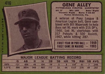 1971 Topps #416 Gene Alley Back