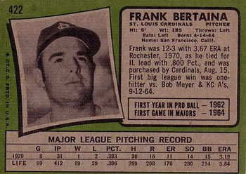 1971 Topps #422 Frank Bertaina Back