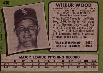 1971 Topps #436 Wilbur Wood Back