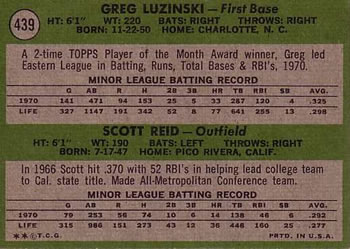 1971 Topps #439 Phillies 1971 Rookie Stars (Greg Luzinski / Scott Reid) Back