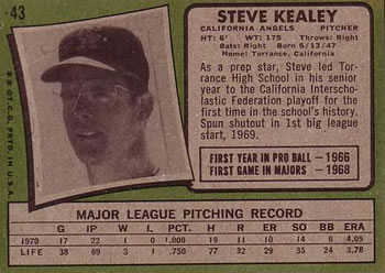 1971 Topps #43 Steve Kealey Back